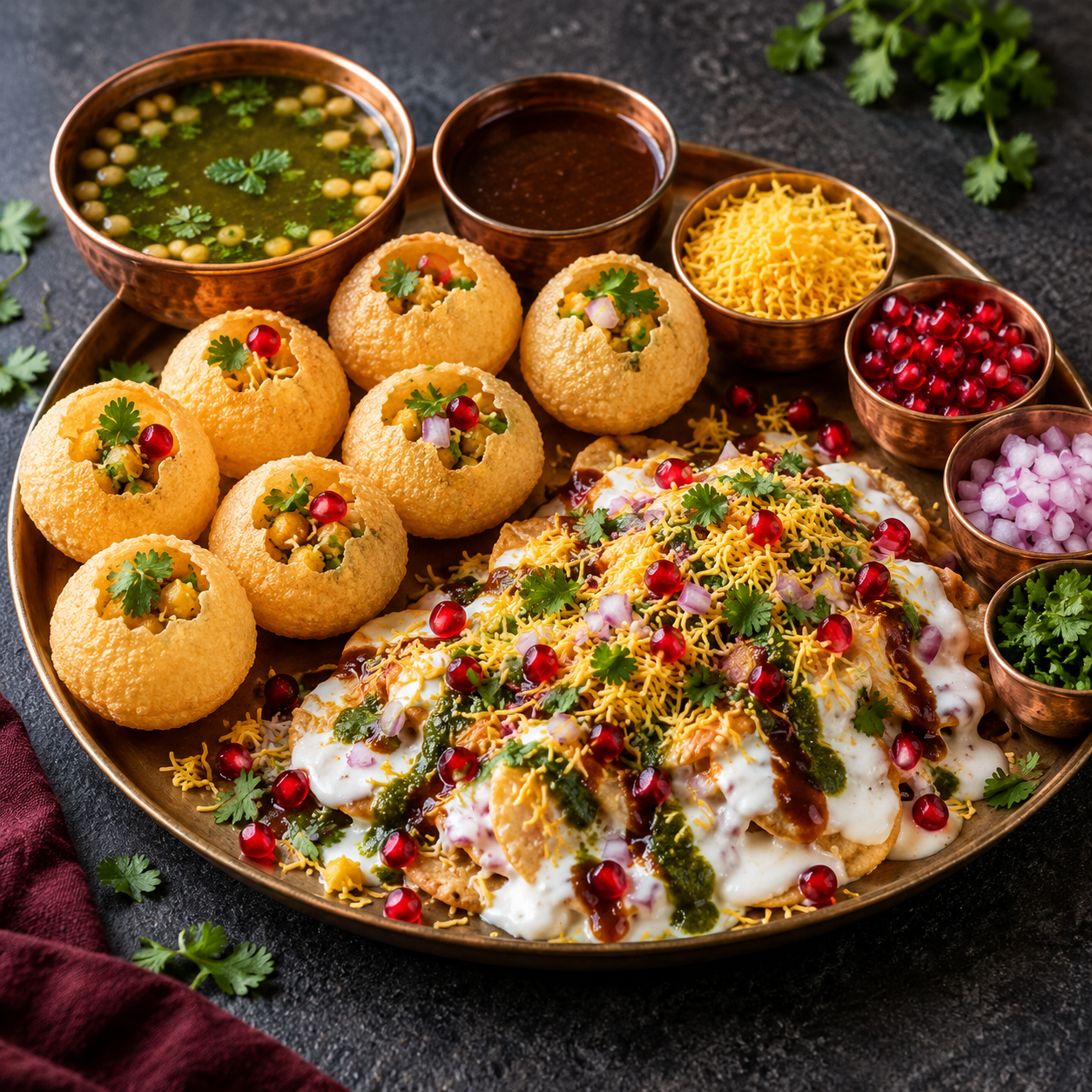 Fresh chaat with colorful chutneys